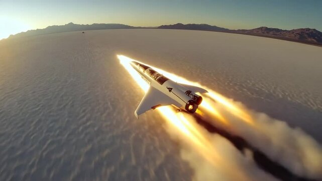 High-Speed Test Flight: Experimental Aircraft Soaring Across Salt Flats at Golden Hour