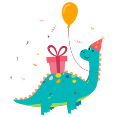 happy birthday brontosaurus with balloons and gift box. Birthday card and present.