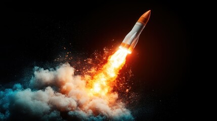 A dramatic depiction of a rocket soaring into the cosmos, with fiery propulsion and billowing smoke emulating a powerful launch, capturing the excitement of space exploration.