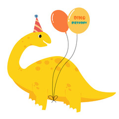 happy birthday brontosaurus with balloons and gift box. Birthday card and present.