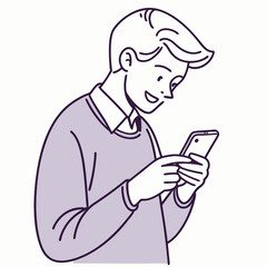 Smiling young man is engrossed in a modern smartphone, texting with his thumbs