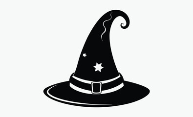 Halloween witch hat, old black hat, spooky hat silhouette, white background illustration