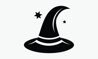 Halloween witch hat, old black hat, spooky hat silhouette, white background illustration