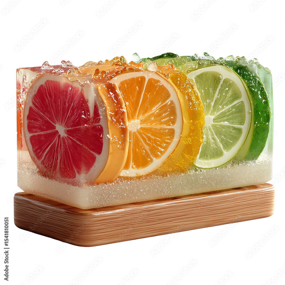 Poster citrus fruit slices in ice block refreshing summer theme creative design isolated on transparent bac