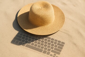 Straw hat casting a shadow shaped like a computer keyboard on sand. Conceptual image symbolizing remote work, IT vacation, or digital nomad lifestyle