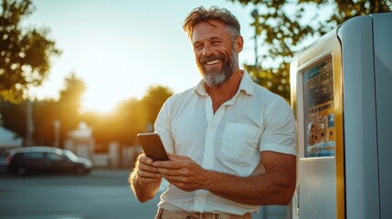 A smiling man checks his smartphone outdoors, basking in the warm glow of the sunset, embodying happiness and contentment in a serene, everyday moment.