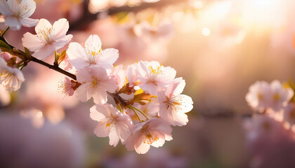 Obraz premium delicate blossoms a close up of cherry blossoms in soft sunlight ambience