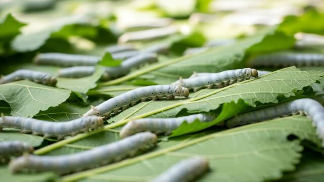 Silkworms feeding on fresh mulberry leaves in organized rows during a sunny day