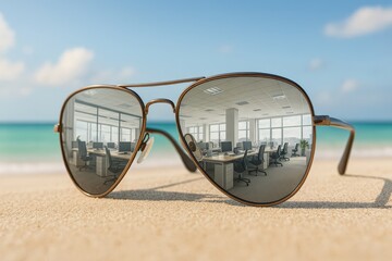 Sunglasses lying on a sunny beach reflect a modern office interior, creating a surreal contrast between vacation and work. Conceptual image of remote work or work-life balance