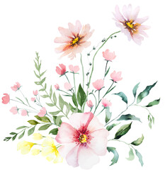 Bouquet made of watercolor wild flowers and leaves, wedding and greeting illustration