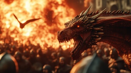 A dramatic close-up of a ferocious dragon roaring amidst a fiery battleground, capturing the essence of fantasy and adventure in a visually striking display.