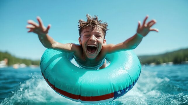 A joyful boy is seen laughing and splashing in a lake while riding on a tire float, capturing the essence of childhood bliss, summer fun, and carefree aquatic adventures.