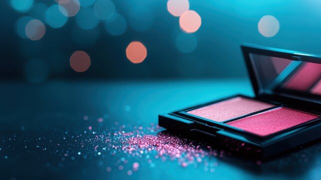 An artistic close-up of a vibrant makeup palette reveals shimmering blush shades, capturing the essence of beauty, creativity, and self-expression through cosmetics and artistry.