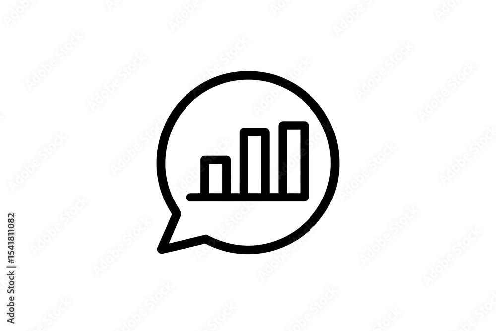 Poster black and white line art graphic depicting a speech bubble containing a simple bar graph illustratin