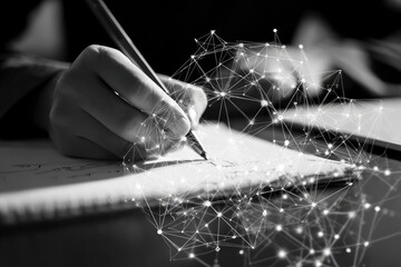 Hand with pen on notebook drawing over digital network overlay