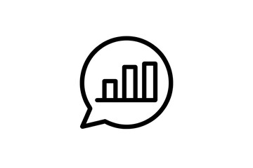 Black and white line art graphic depicting a speech bubble containing a simple bar graph illustrating upward growth or progress a visual representation of positive data trends or increasing