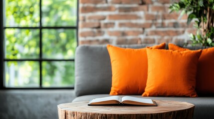 A cozy reading nook features an open book on a rustic table, complemented by plush cushions and green plants, designed for relaxation, reflection, and enjoying literary adventures.