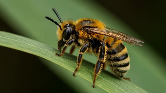 Close-up video of a wool carder bee resting on a vibrant green blade of grass