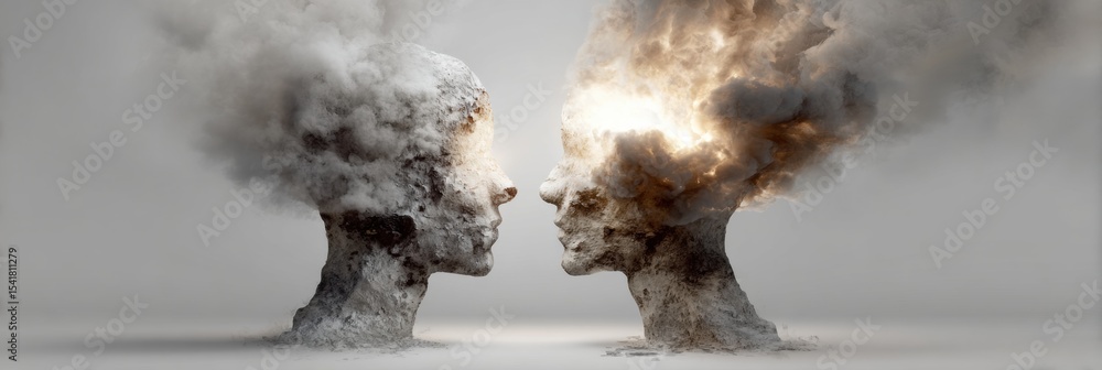 Aufkleber head splitting open with visual overload in light gray background conveys profound emotional struggl