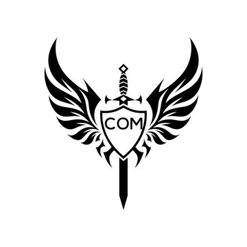 COM "Heraldic Sword Shield Wing Emblem with COM Initials  &ndash; COM Later Logo Military Logo Design Vector"
