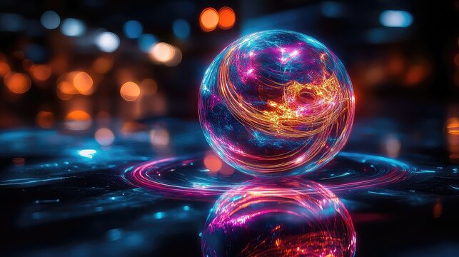 Glowing globe encircled by neon swirls on a dark reflective surface, with vibrant light trails.