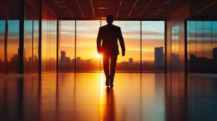 A silhouette of a businessman confidently walking toward a breathtaking sunset, symbolizing ambition and the pursuit of success in a corporate environment.