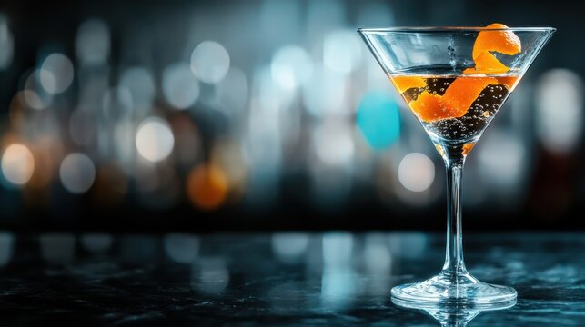 An elegantly crafted cocktail served in a stylish glass, set against a blurred backdrop of a vibrant bar, perfect for capturing the essence of nightlife and celebration.
