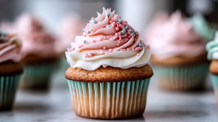 A scrumptious cupcake topped with soft pink frosting and colorful sprinkles, set in a delightful arrangement, perfect for dessert lovers and festive occasions.