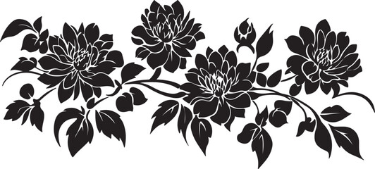 Elegant Black and White Floral Border A Detailed Illustration of Dahlias with Leaves and Buds Perfect for Invitations Stationery and Decorative Design Elements on a
