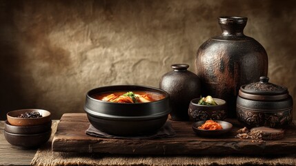 Korean table setting featuring a traditional dish of kimchi served in a black bowl, surrounded by various side dishes and rustic pottery, creating a warm and inviting atmosphere