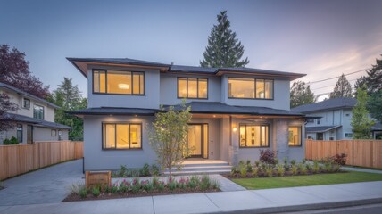 Fototapeta premium Modern two-story house illuminated by soft dusk light with sleek gray exterior, large glowing windows, flat roof, and overhangs. Neat garden with pink flowers, paved driveway, glass-paneled doors, 
