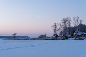 Moonlit Dawn Over Snowbound Village - View from Frozen Lake