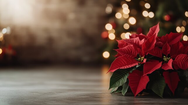 An intimate close-up of a vibrant red poinsettia plant surrounded by soft bokeh lights, creating a warm and festive atmosphere for holiday celebrations.