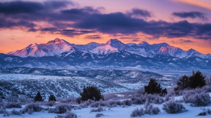 Obraz premium Borealis seen above the Utah mountains in winter covered by snow, with few pines disseminated across the peaks. High-contrast lighting, chiaroscuro, and high definition. cinematic scene