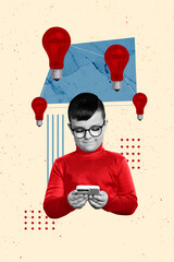 Trend artwork composite banner 3D photo collage of young smart boy hold smartphone idea lamp...