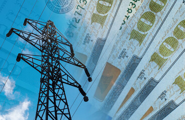 Electrical transmission tower on a background of money. The raising electricity tariffs concept