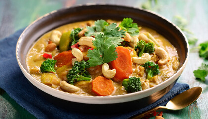 creamy vegetable korma vibrant vegetables garnished with golden cashews and coriander leaves