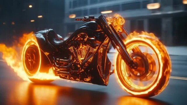 Futuristic flaming motorbike speeding down city street at night with bright lights