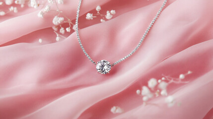 Diamond tennis necklace laid elegantly across flowing pastel pink organza fabric, background filled with diffused small floral elements, cinematic soft light and deep focus on diamond brilliance,