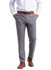 Man in light gray pants, white shirt, brown shoes