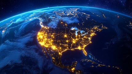 Map of the North American continent with glowing lights in yellow and orange representing bustling city activity at night with Earth's blue surface in background