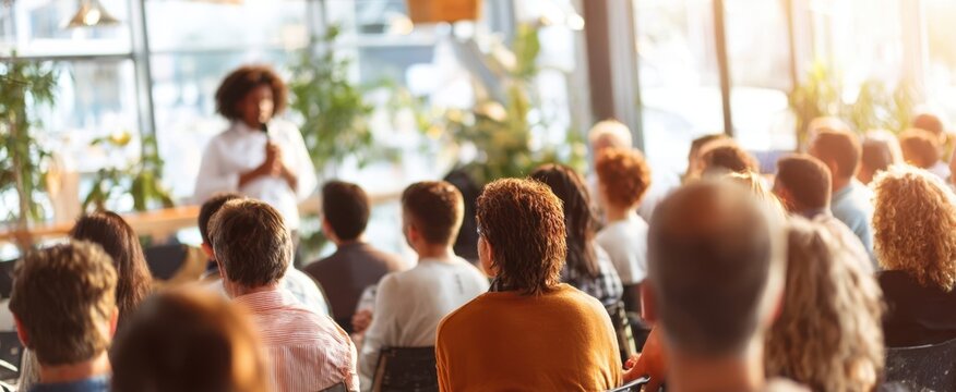 The audience attentively listens to the speaker in a vibrant, modern setting. - Powered by Adobe