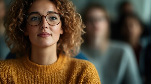 A focused woman with curly hair and glasses engages in a learning environment, showcasing concentration, curiosity, and the pursuit of knowledge in a modern setting.