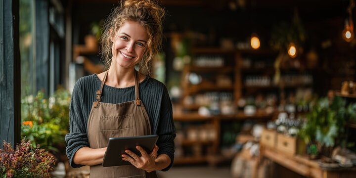 Smiling female shop owner using digital tablet for inventory and sales management in cozy store setting.