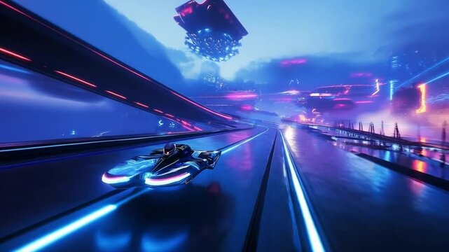 Futuristic speedway with racing car cruising in a vibrant cyberpunk city landscape - Powered by Adobe