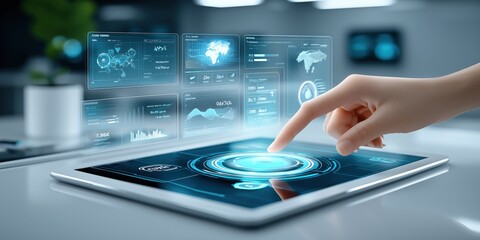 Hand interacting with digital tablet displaying advanced analytics and virtual dashboard for technology marketing.