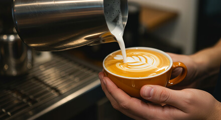 “Barista Pouring Latte Art in Small Coffee Shop”


