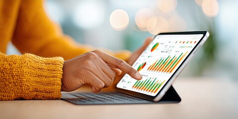 Businesswoman analyzing colorful financial charts on digital tablet in modern office for business presentation and reporting.
