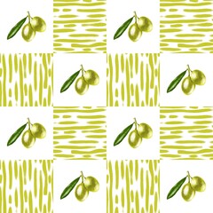 seamless pattern with green olive with decorated square on white background