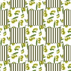 seamless pattern with green olive on striped background
